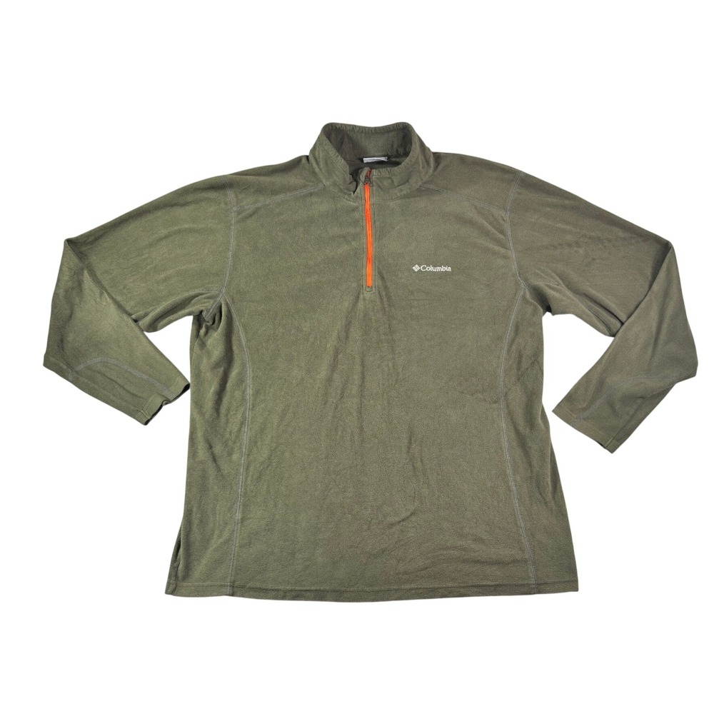 Columbia Mens XL Fleece Pullover Quarter Zip Olive Green Orange Trim Mock Neck